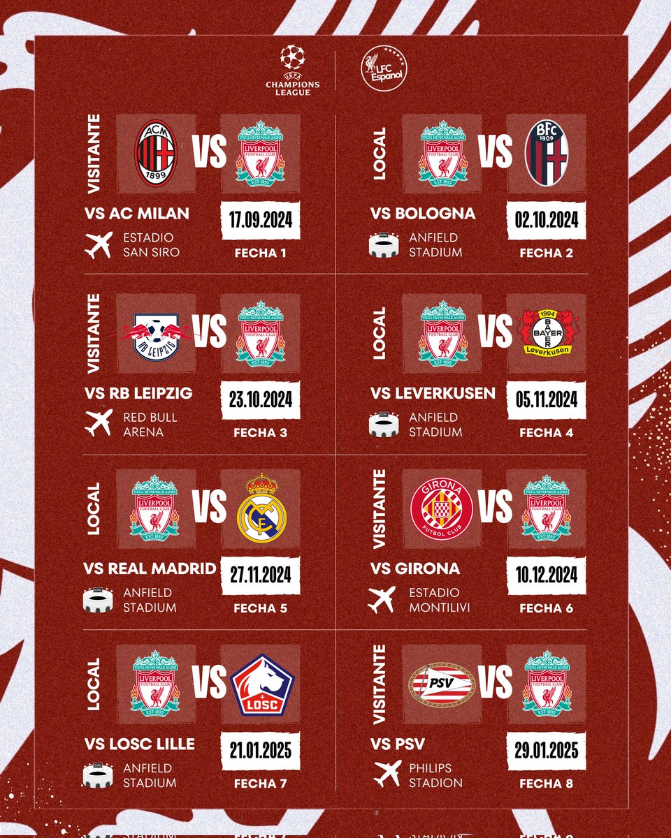 Se dió a conocer el calendario para Liverpool de la fase de liga de la Champions League.

Se jugarán partidos en ENERO.