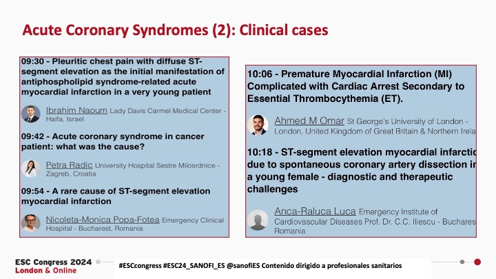 BonanadClara's tweet photo. #ESC24 #ACS2_ Clinical case session. "Contenido dirigido a profesionales sanitarios”
It has been a pleasure to co-moderate this session with Dr.Thomas Nestelberguer @thomas_nest
1⃣SCAD: Predomina en mujeres; su mecanismo no se comprende totalmente. Se recomienda manejo conservador y cribado de FMD.
2⃣ACS por Trombocitemia: La ET positiva para JAK2 es un factor de riesgo no clásico. Identificación y manejo oportuno son cruciales para prevenir eventos cardiovasculares.
3⃣Embolia de arteria coronaria: Es rara, pero puede deberse a un trombo aórtico. Este caso reporta STEMI concomitante por trombo aórtico.
4⃣ACS en pacientes con cáncer: Deben considerarse causas alternativas de ACS. Frecuentemente subdiagnosticado y subtratado.
5⃣Dolor torácico pleurítico con elevación del segmento ST: En pacientes con miocarditis-pericarditis, es crucial sospechar ACS, incluso en jóvenes. Se recomienda cribado para estados protrombóticos.@SanofiES