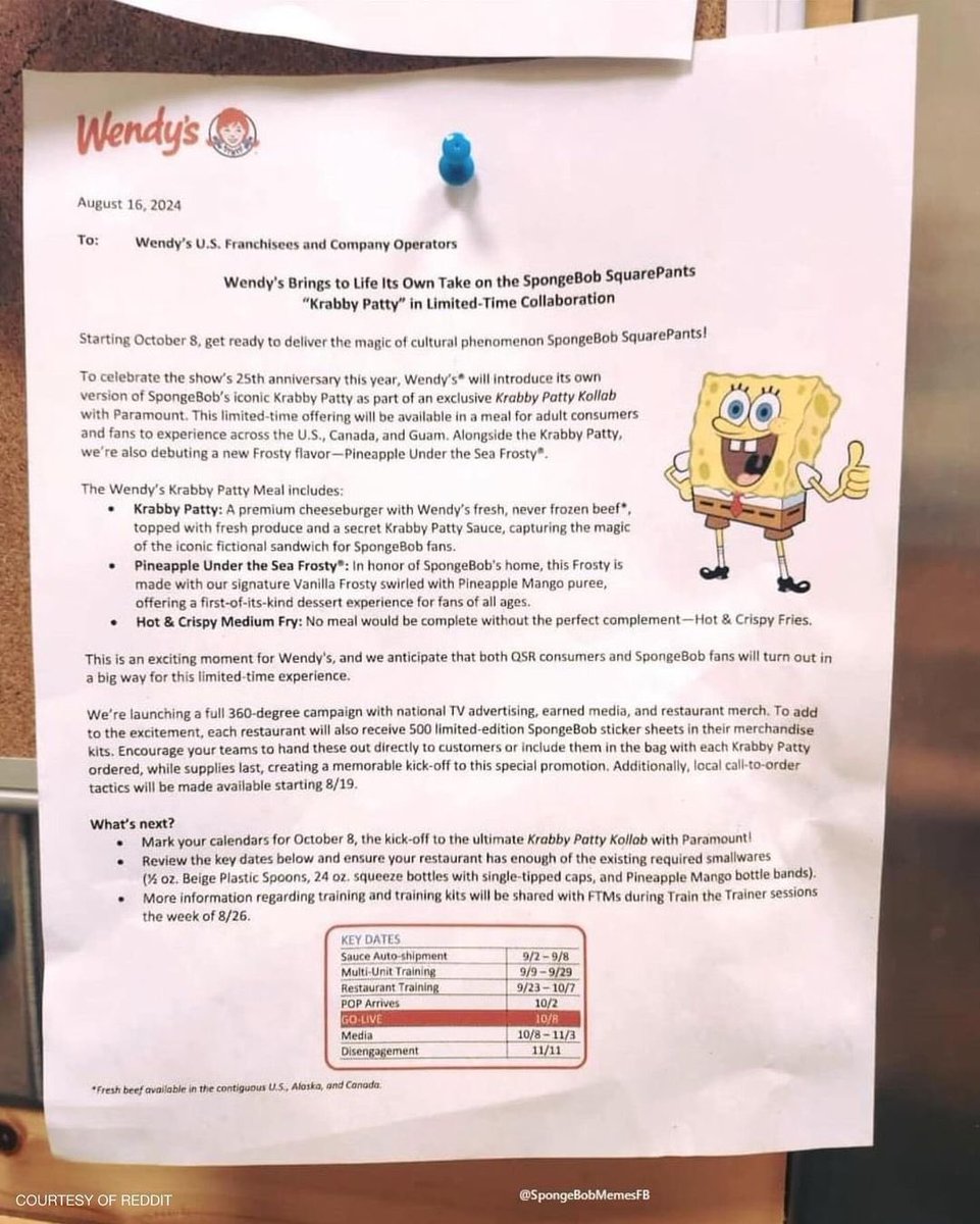 whatpopulse's tweet photo. Photos circulating online reveal an internal memo suggesting a possible collaboration between Wendys and Spongebob. The leaked memo, dated August 16, 2024, teases a menu inspired by the iconic cartoon. https://t.co/m3GtzymCMv