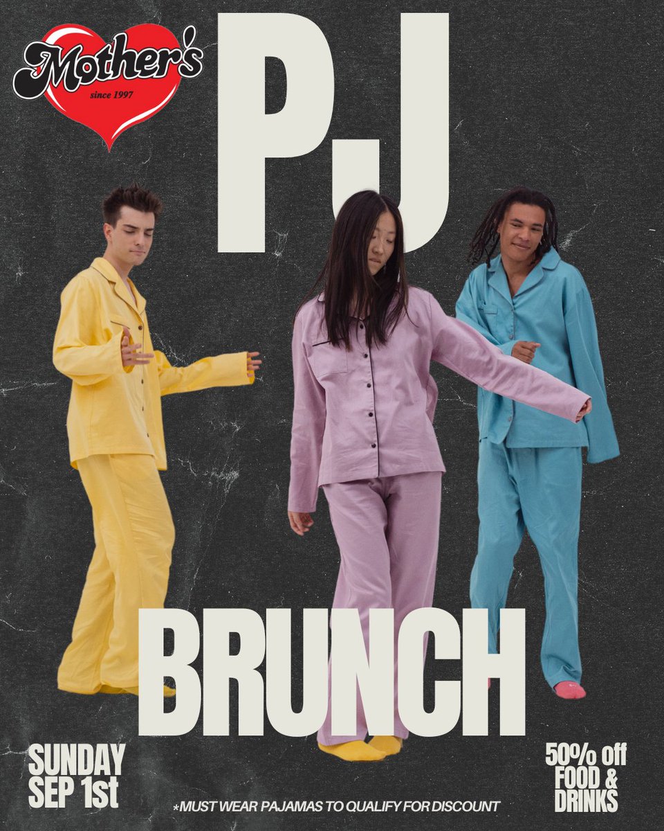 Roll out of bed and into the coziest brunch of the year—Pajama Brunch this Sunday, September 1st! Wear your favorite PJs and get 50% off food and drinks starting at 10 AM. Don't sleep on this! #PajamaBrunch #MothersGrille