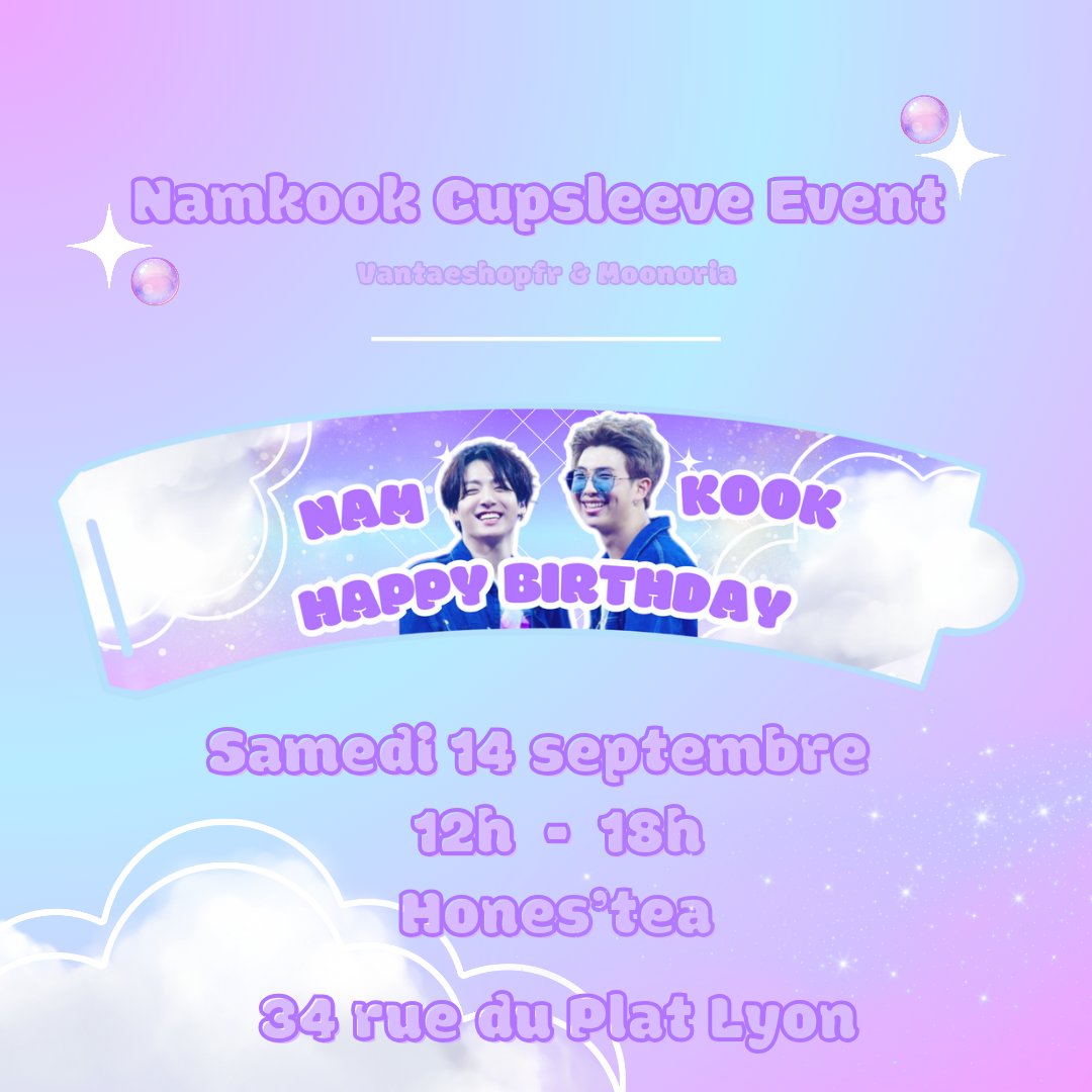 ByMoonoria's tweet photo. EVENT ! 🩵💜

Rejoignez nous pour fêter l'anniversaire de Namkook avec @vantaeshopfr  samedi 14 septembre à Hones'Tea!
On vous a préparé plein de surprises alors soyez au rendez vous !

La vente des tiers commencera bientôt stay tuned! 💜🩵 https://t.co/dQ6hlOzV0u