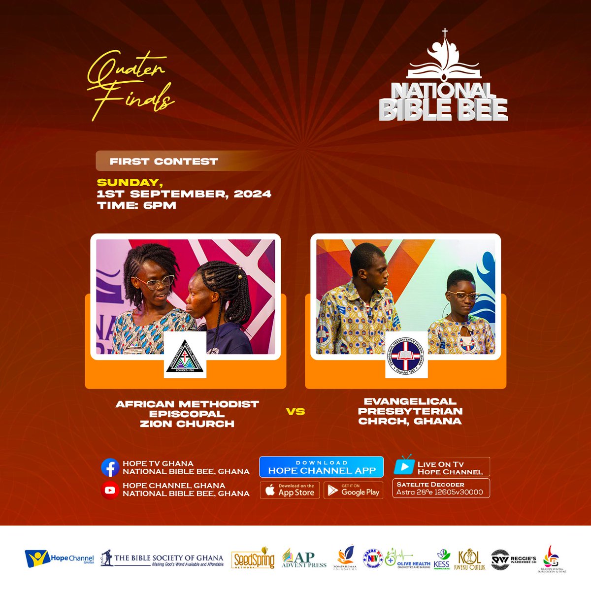 hopechannelgh's tweet photo. The quarterfinals of the National Bible Bee are here!
AME Zion Church faces Evangelical Presbyterian Church in an epic test of faith and scripture. Who will advance to the next round?
Don’t miss this thrilling showdown!
#NationalBibleBee #SeedSpringNetwork #HopeChannelGhana https://t.co/Fa2H0FbGTG