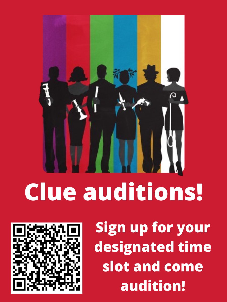 Auditions are coming up for Clue: On Stage! Scan the QR code to fill out the google form and time slots and join us on September 4th! We hope to see you there.