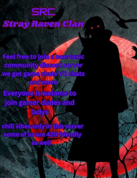 Hi Im a part owner of SRC (Stray Raven Clan) we been working on this non-toxic gaming/streaming discord server feel free to join NO GFX Designers   #420twitch 
#StonerFam #DiscordServer #gaming #GamingVibes #GamerLife #ApexLegends #callofduty #Overwatch2 
discord.gg/whDNmzeh