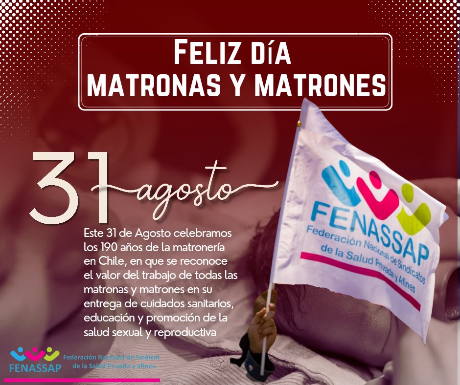 fenassap's tweet photo. #Hoy #31agosto
👉Saludamos a las y los matrones de Chile por el valor del trabajo que realizan, fundamental en la atención sanitaria, la educación y promoción de educación sexual y reproductiva y los cuidados.
#díadelxsmatrones
#Matronas #matrones
@MatronasY @KarolCariola https://t.co/eW5c5MR7js