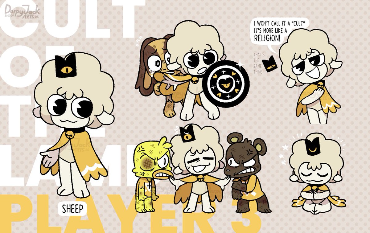 I drew a What-If Player 3 of COTL a while ago and now I decided to make more about them!
Since Sheep are the Lamb's "Light Reflection", their traits act on their 7 Heavenly Virtues, making Sheep more kind and caring than Lamb and Goat.
#cultofthelamb #cotl
