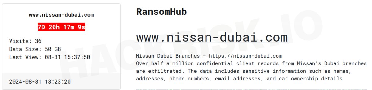 H4ckmanac's tweet photo. 🚨 Cyber Attack Alert 🚨

🇦🇪UAE - Nissan Dubai

The hacking group RansomHub claims to have breached Nissan Dubai. 

Allegedly, 50 GB of data were exfiltrated, including over half a million confidential client records from Nissan's Dubai branches. The data includes sensitive information such as names, addresses, phone numbers, email addresses, and car ownership details. 

Ransom deadline: 08th Sep 24.