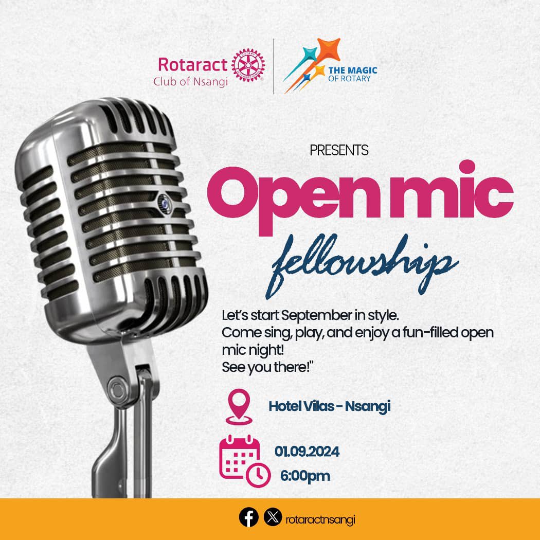 Rotaract Nsangi || HIGHLANDERS⛰ (@rotaractnsangi) on Twitter photo We are thrilled to invite you to a special Open Mic Fellowship hosted by the Great Highlanders.<a href="/rotaractnsangi/">Rotaract Nsangi || HIGHLANDERS⛰</a>
This is your chance to share your talents, stories, and creativity in a great atmosphere.
Join us for an evening of connection, inspiration, and fun!
#PRTEAM We are thrilled to invite you to a special Open Mic Fellowship hosted by the Great Highlanders.<a href="/rotaractnsangi/">Rotaract Nsangi || HIGHLANDERS⛰</a>
This is your chance to share your talents, stories, and creativity in a great atmosphere.
Join us for an evening of connection, inspiration, and fun!
#PRTEAM
