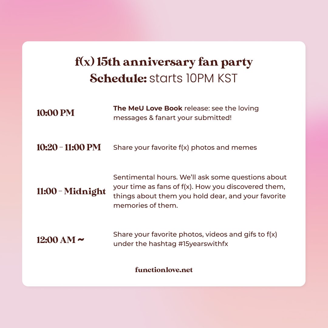 Dear MeU,

Join us later today in a special fan party to celebrate f(x)'s 15th anniversary!

Begins at 10PM KST with the schedule below.

#15yearswithfx