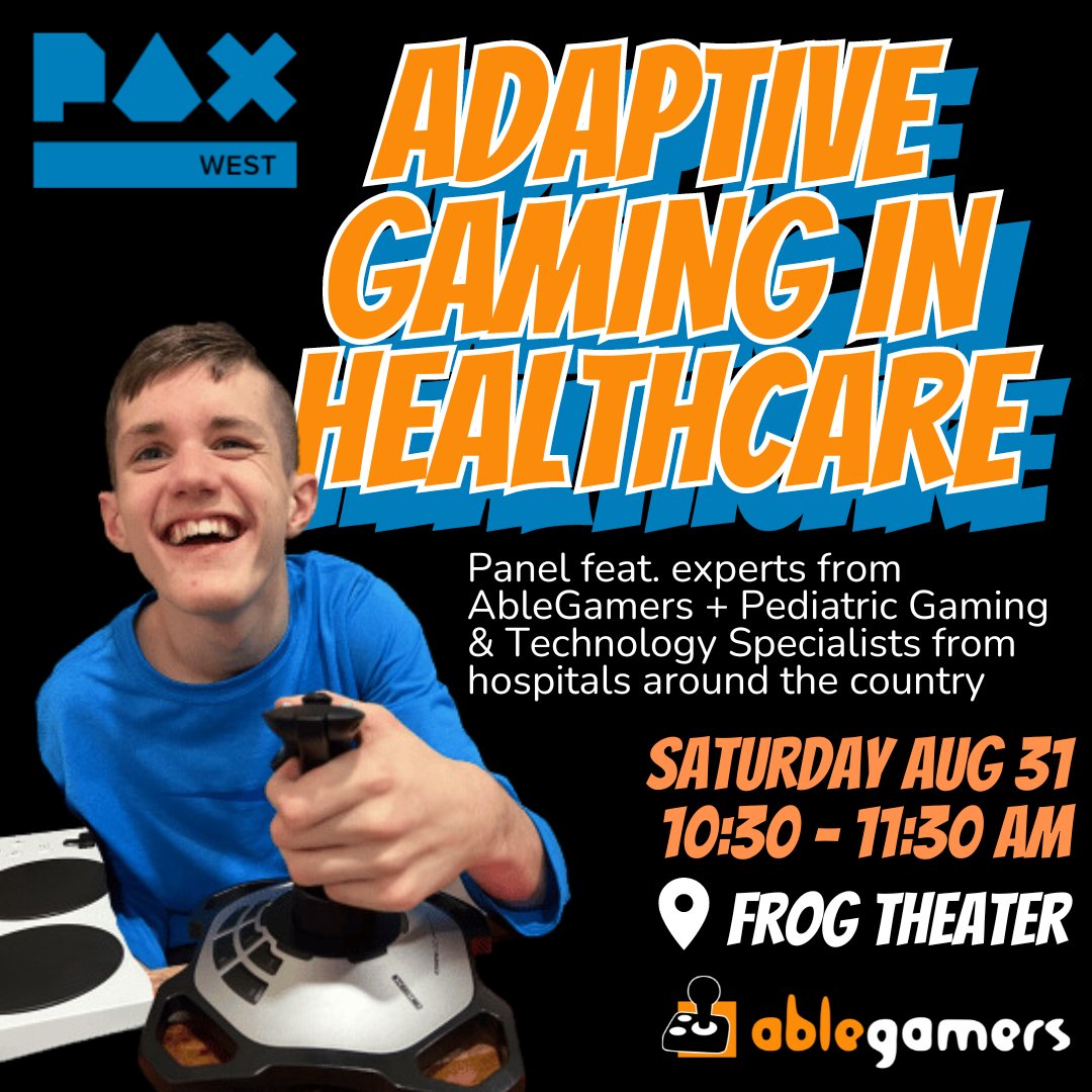 Today at 10:30 - 11:30 AM in the Frog Theater!

AbleGamers + Pediatric Gaming &amp; Technology Specialists from different hospitals come together at @PAX to showcase the incredible impact adaptive gaming provides in healthcare and beyond.