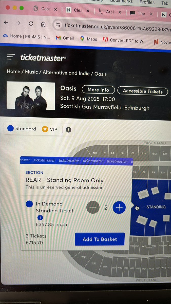NickMugs's tweet photo. @oasis @Ticketmaster @Twickets £357 Per person for an official standing ticket! Dynamic pricing should be banned. I’ll take a resale at the presale price please! https://t.co/JZ10aF6or8