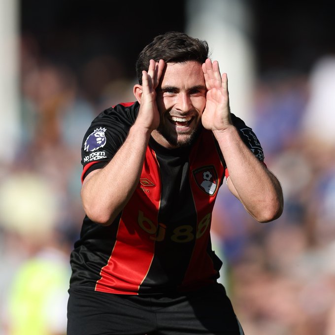 Lewis Cook celebrates his goal against Everton.