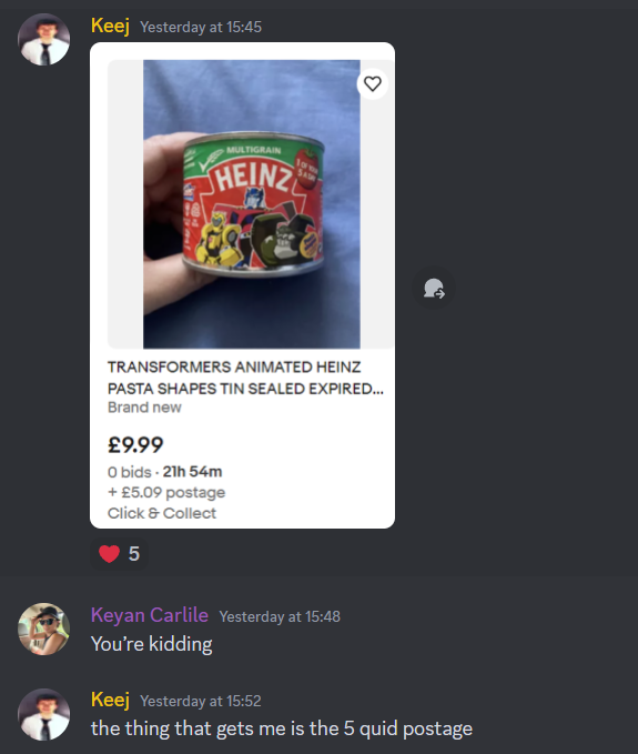 posted this for a laugh in the old combaticons chat and he was locked tf in setting alarms to win the bid

no one else comes close, certified world's STRONGEST Transformers Animated fan without a doubt 😤😤😤