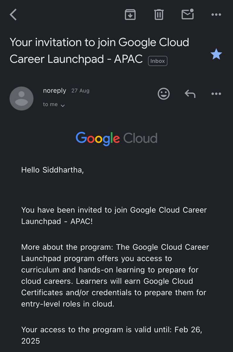 siddharthastwt's tweet image. got an invitation to the Google Cloud Career Launchpad Program :)
