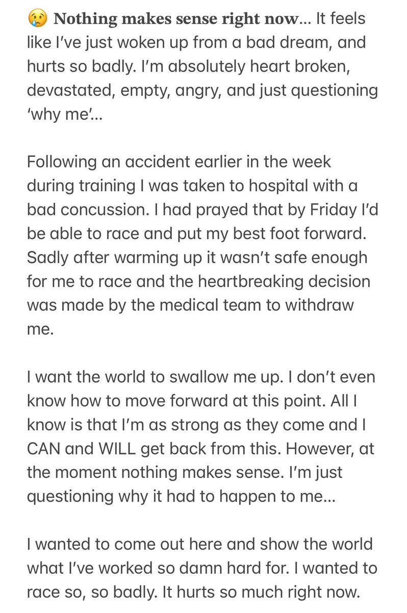suzannahext's tweet photo. 𝐍𝐨𝐭𝐡𝐢𝐧𝐠 𝐦𝐚𝐤𝐞𝐬 𝐬𝐞𝐧𝐬𝐞 𝐫𝐢𝐠𝐡𝐭 𝐧𝐨𝐰. Heartbroken…😢💔
An accident in training meant I was medically withdrawn before racing yesterday.⬇️ is what I could muster the strength to write. Right now I want the world to swallow me up &amp; for it to all be a bad dream 😢 https://t.co/SdeNHpit23