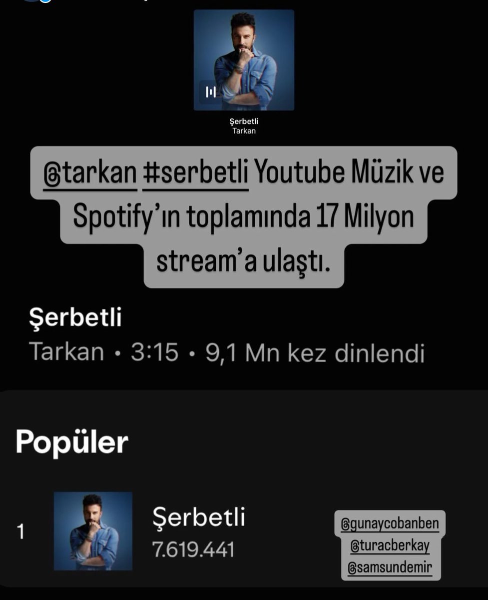 Megastar Tarkan’ın hitt şarkısı #Şerbetli 17 Milyon Stream’a ulaştı. <a href="/tarkan/">Tarkan</a> <a href="/gunaycoban/">Günay Çoban</a> <a href="/TuracBerkay/">Turaç Berkay Özer</a>