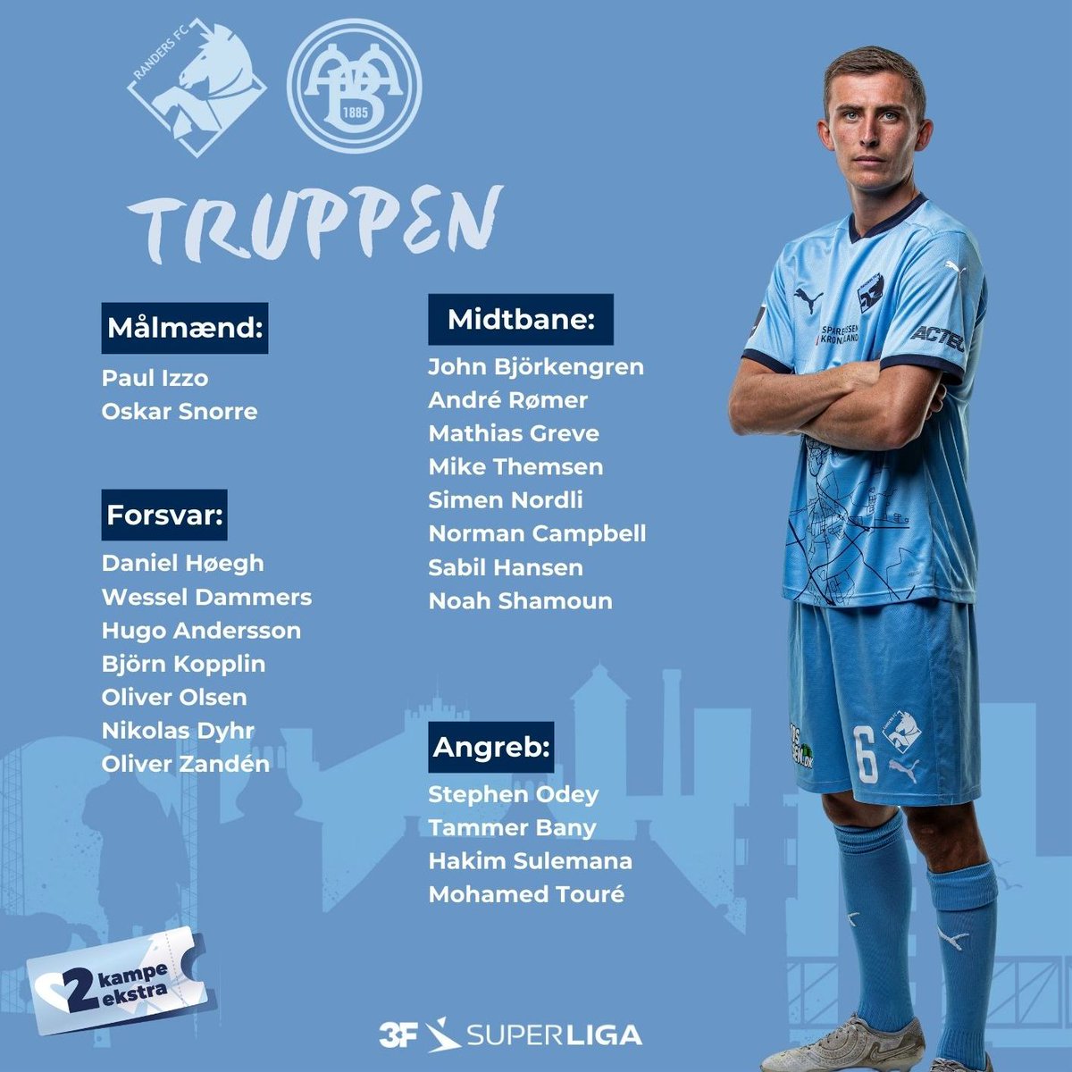 Randers_FC's tweet image. 𝐓𝐫𝐮𝐩𝐩𝐞𝐧 𝐦𝐨𝐝 𝐀𝐚𝐁 💙

Mathias Greve er med i truppen til søndagens hjemmekamp mod AaB.

Se hele truppen i Randers FC-app'en eller på randersfc.dk 📲

#randersfc #sldk #rfcaab #2kampeekstra