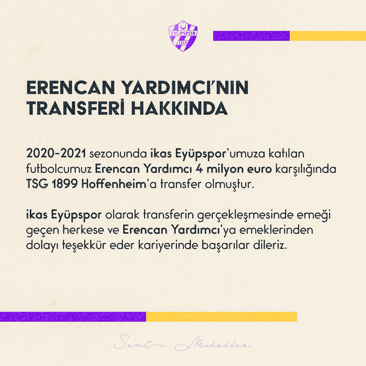 Eyüpspor, Erencan Yardımcı'nın 4 milyon euro'ya Hoffenheim'a transfer olduğunu açıkladı.
