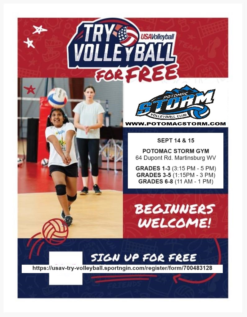 PotomacStorm's tweet photo. HOSTING 2 DAY FREE VOLLEYBALL CLINIC
FOR GRADES 1 THRU 8

Welcome | Potomac Storm VBC | USAV Try Volleyball (https://t.co/hEakr52XFP)

#YouthVolleyball #TryVolleyball #FreeVolleyball #Martinsburg #Berkeley #Jefferson #CharlesTown #Winchester #Hagerstown #SpringMills #Volleyball https://t.co/MhFCzQ7kg8