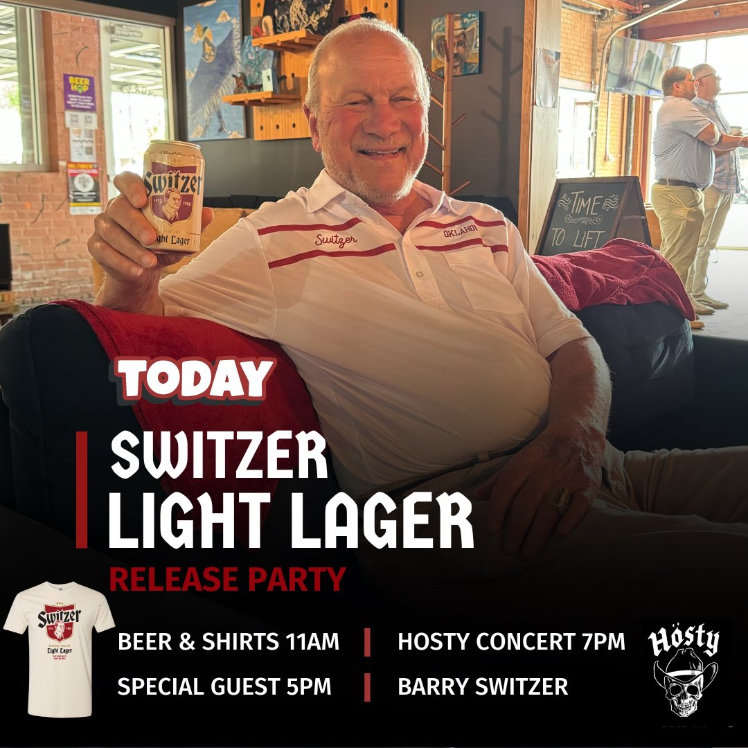 BIG EVENT TODAY 
We’ll open at 11am today with Switzer Light Lager and the new Switzer Light Lager shirts available at the taproom! Plus we have <a href="/MikeHosty/">Michael Hosty</a> live tonight on the patio at 7pm! We expect an appearance by <a href="/Barry_Switzer/">Barry Switzer</a> at 5pm. 
#sooners