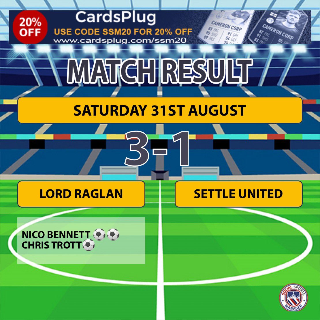 Result ⚽️ 🏆

Lord Raglan 3 vs 1 <a href="/SettleUnited/">Settle United AFC</a> 

- Goals
Nico ⚽️⚽️
Trott ⚽️

Great performance from the lads who earn themselves their second win of the season. 1-1 at half time but eventually they showed enough quality to get them over the line. 

All the best <a href="/SettleUnited/">Settle United AFC</a>