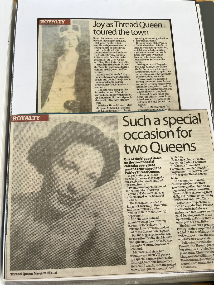 Paisley Thread Queen’s:   

Miss Margaret Mitchell was the 1939 Queen and the 1953 Queen was Miss Margaret Hillcoat.