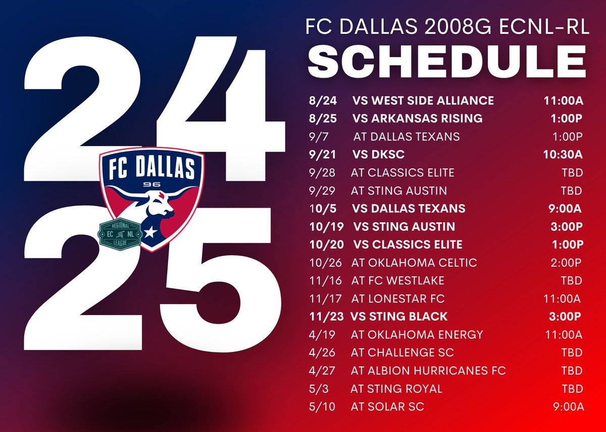FCDallas08gECRL's tweet image. ✍️Mark these dates on your calendar - we have a great soccer season scheduled! 
#savethispost @FCDGirlsECNL @FondrenJames @matt_martucci