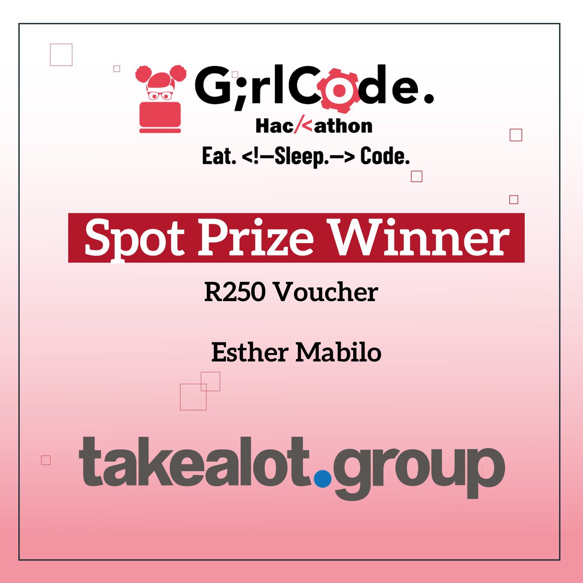 A huge thank you to our sponsor
<a href="/TAKEALOT/">takealot</a> for making these spot prizes possible. A round of applause to our winners. #GirlCodeHack