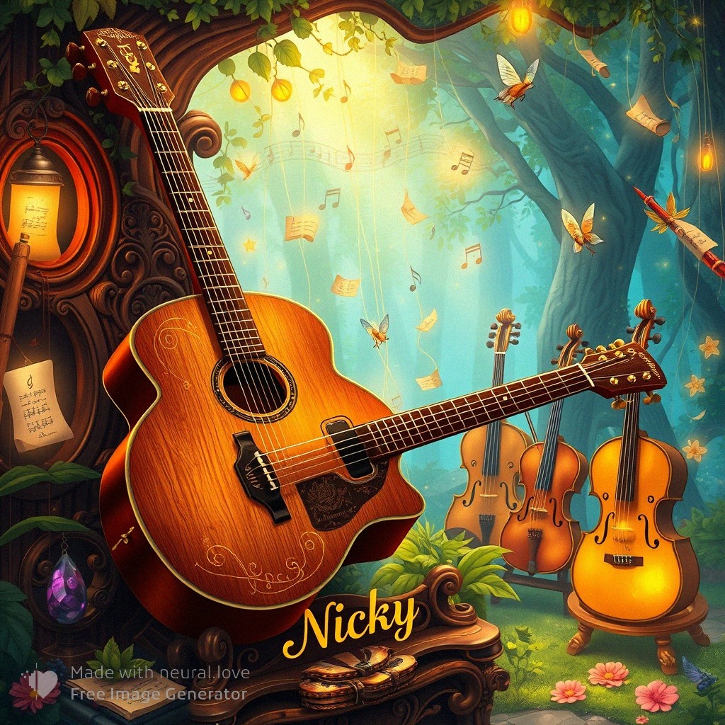 UncomfortLogic's tweet photo. #ai #aiArt #aiArtWork #AcousticGuitar #VintageStand #MusicalWonder #CreativeHarmony #FloatingNotes #MusicalInstruments #GoldenStrings #EngravedName #WhimsicalBackground https://t.co/y5AuLOFCdC