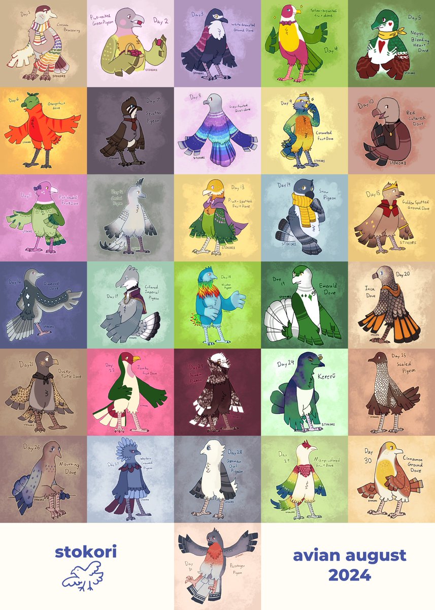 and here's avian august complete!! I had a lot of fun with this challenge -- I'm glad I was able to finish even though I started late, and drawing all these little creatures was really good practice for my character design skills haha

#AvianAugust #AvianAugust2024