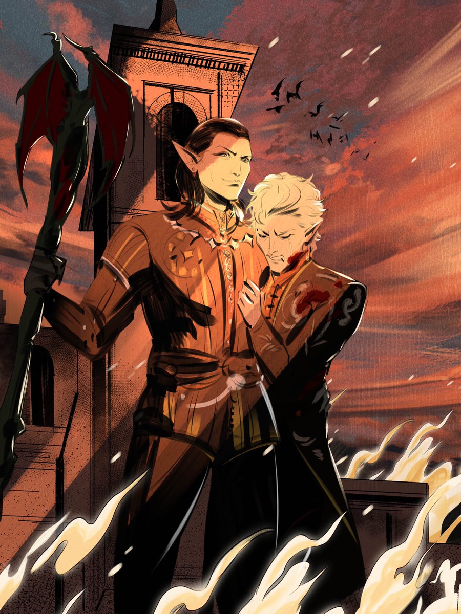Cazador wins, Astarion ascends with him, and Baldur’s Gate burns (nightmare ending)

My piece for Ayu in the Cazstar server exchange!! This one was so fun to do, these two stepping out into the sun for the first time :^)