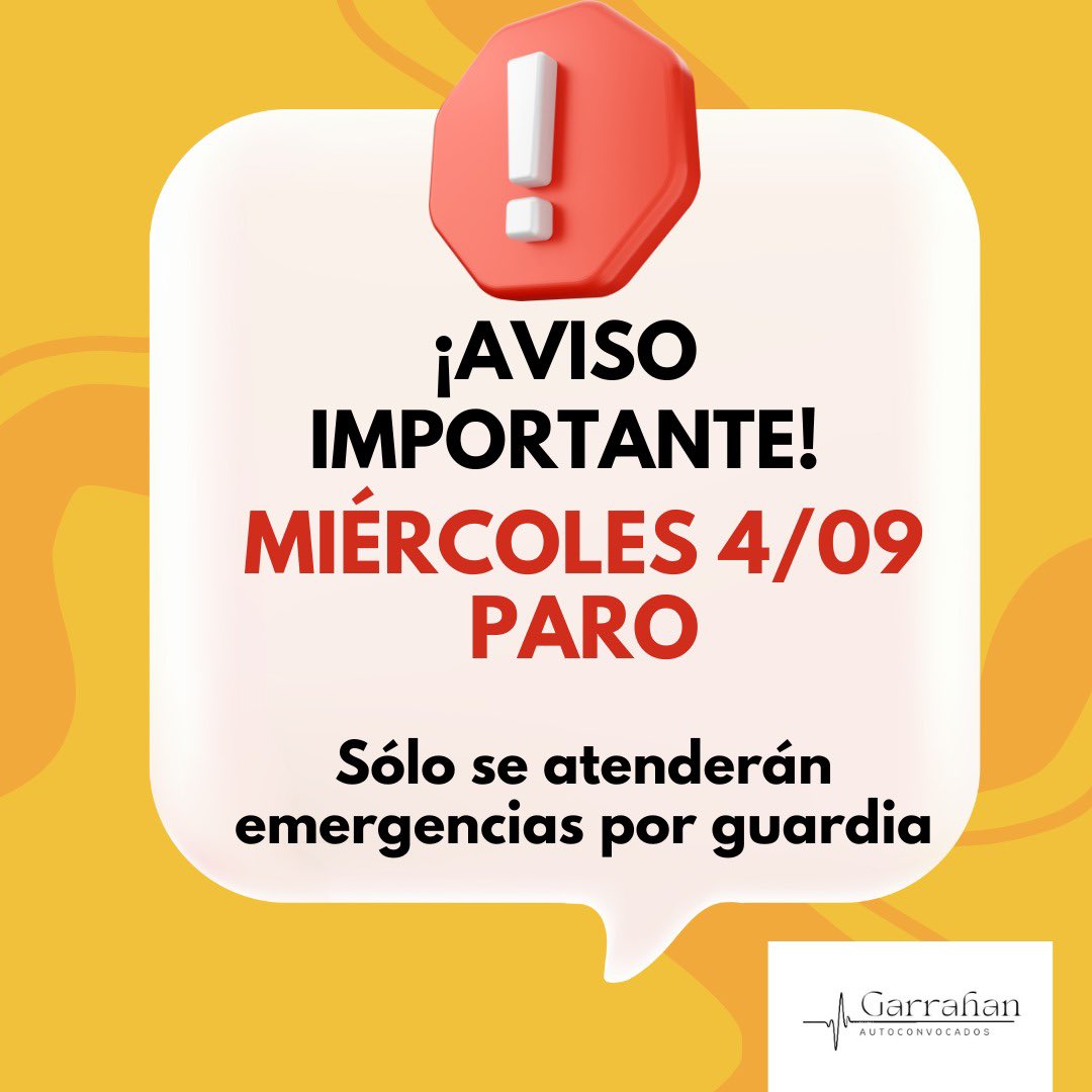 🚨🚨A T E N C I Ó N 🚨🚨
Miércoles 4/9 PARO, sólo se atenderán urgencias por guardia. 
Es nuestra responsabilidad defender nuestra salud pública de calidad y sostener la atención de excelencia de nuestro hospital. #garrahandepie #hospital #Salud #ayuda #pov #paro