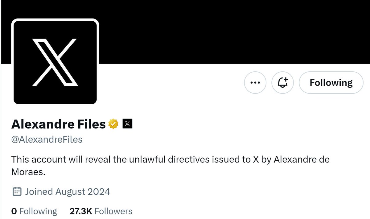 🚨BREAKING: 
O X/Elon Musk acaba de criar uma conta especial (verificação amarela - indica que a conta é oficial de uma organização) para expor as ilegalidades de Alexandre de Moraes. Este é o perfil a ser seguido:

@alexandrefiles
"𝐄𝐬𝐭𝐚 𝐜𝐨𝐧𝐭𝐚 𝐫𝐞𝐯𝐞𝐥𝐚𝐫𝐚́ 𝐚𝐬