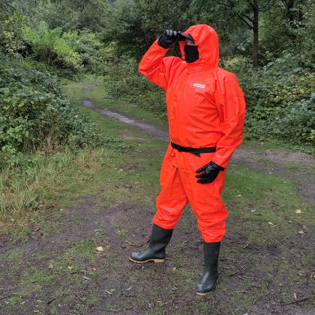 rubberboots628's tweet photo. Some muddy fun in my orange one-piece Ocean suit last week https://t.co/DXNh14ZpJf