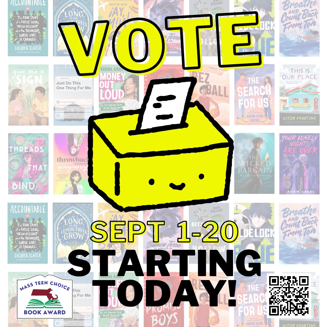 Are you ready? Voting is now OPEN for the Mass Teen Choice Book Awards!  

Residents of MA in grades 7-12 can cast their vote either online: mateenchoicebook.org/voting or at participating school and public libraries. Will your favorite book win?  

#mtcba #massteenchoicebookaward