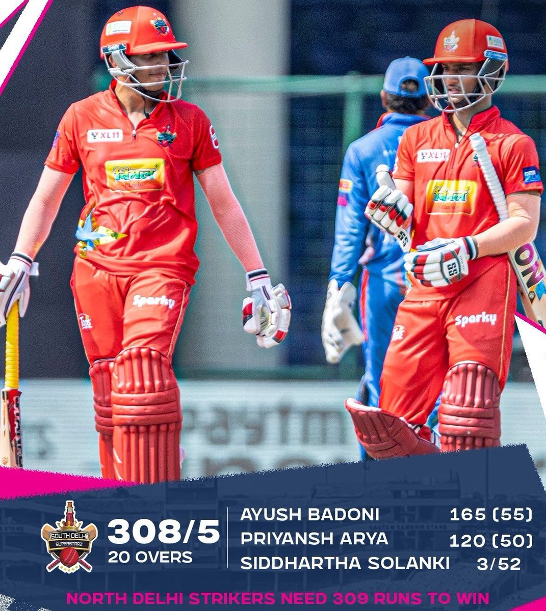 आज तो शेर ने कमाल कर दिया - 
🏆 SCORECARD : 308/5 - 2nd highest T20 total, 286-run partnership, Priyansh Arya smashes 6 sixes in an over, 31 sixes in the 1st innings 

Both Smashed 100s , Ayush Badoni Scored 166(55) &amp; Arya 120
#AyushBadoni #DPLT20 #PriyanshArya #T20#AyushBadoni