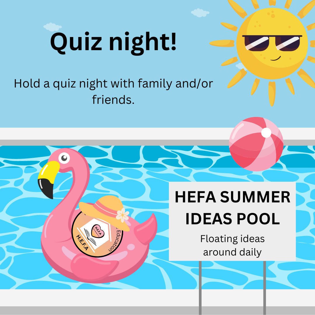Hold a quiz night with your family and/or friends!

Topic of your choosing.
You could find a quiz online, or come up with your own questions.
You could even hold a quiz based on your summer.

Who'll be the winner? 
Will they get a prize?

#teamhefauk #summerholidays #quiznight