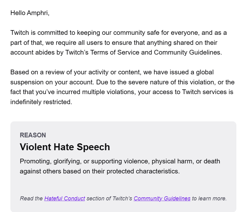 Amphrii's tweet image. Hey @TwitchSupport I got indefinitely banned for violent hate speech, and please tell me what I said wrong. I started streaming with the title "running straight at people in bottom 500" an Overwatch stream and joked about running straight at people before starting stream.