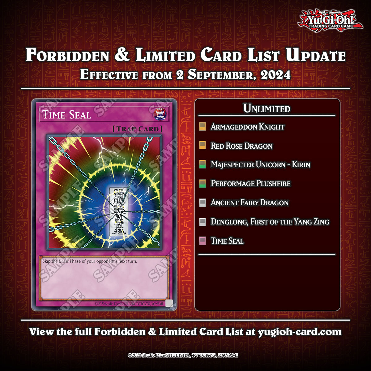 ⚠️ Attention Duelists! ⚠️
Here are the upcoming updates to the #YuGiOhTCG Forbidden &amp; Limited List, effective September 2, 2024.
The full list will be posted on our website on September 2, 2024.