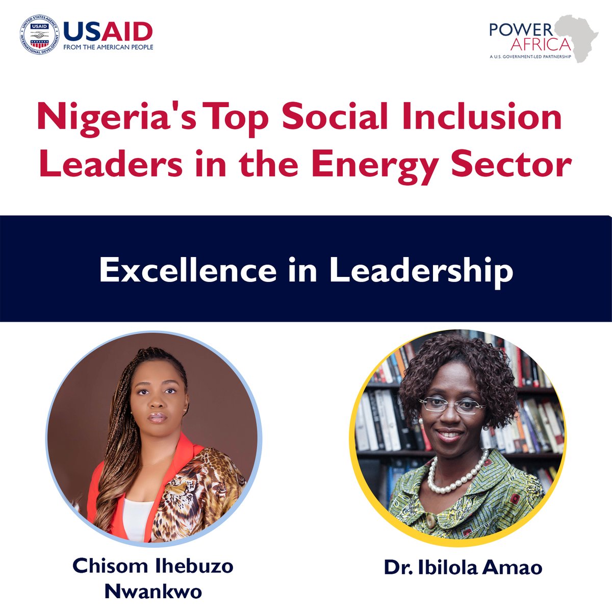 PowerAfricaUS's tweet photo. Nigeria’s Top Social Inclusion Leaders in the Energy Sector Campaign: Excellence in Leadership

Applauding @chisomih &amp; @Ibilola_Amao for their exceptional leadership in driving a more inclusive &amp; sustainable energy future for Nigeria. Your dedication inspires us!

 @USAIDNigeria https://t.co/Wef2lSFm6Q