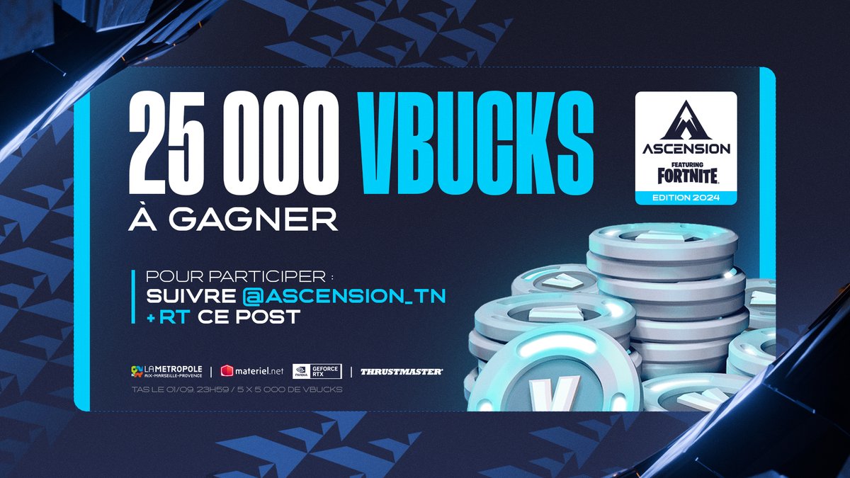 À l'occasion de ce premier qualifier on vous fait gagner 25 000 V-Bucks 🎁

Follow @ascension_tn &amp; RT pour participer !

Et pour vivre la finale de l'#AscensionTN🏔️ en direct et aux côtés des meilleurs joueurs d'Europe, ZeratoR et Doigby ça se passe ici : htdplaces.fr