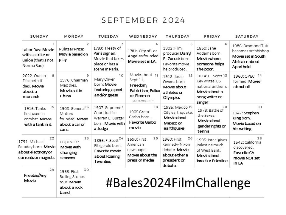 Hey film fans, September's #Bales2024FilmChallenge is ready for your perusal  😀
#FilmX  📽️  🎬

<a href="/JanuaryMovie/">𝕁𝕒𝕟𝕦𝕒𝕣𝕪𝕄𝕠𝕧𝕚𝕖 🌻🩷🎦</a>  <a href="/bales1181/">Angry Video Guy🎞️🗓️</a> <a href="/ithrah69/">cinnamon</a> <a href="/VaderJaws/">⛪️🎃CHVRCHΞS Fans’Papa🎃⛪️</a> <a href="/ihateclaims/">The Curse of Shin MikeZilla Minus One</a> <a href="/fredforthemets/">Fred Aaron is Pops Culture 🇺🇸✡🇮🇱</a> <a href="/krazykeithrules/">KRAZY KEITH RULES</a> <a href="/WiseguySix/">Replacement Chinese General</a>