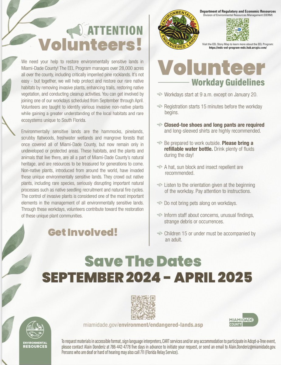 🌱 Nature lovers and community heroes! Check out the 2024-2025 Volunteer Workday Calendar for the #EELProgram in Miami-Dade! Join us from September to April to help restore habitats and earn service hours. Let’s #ProtectOurLands together! 🌿