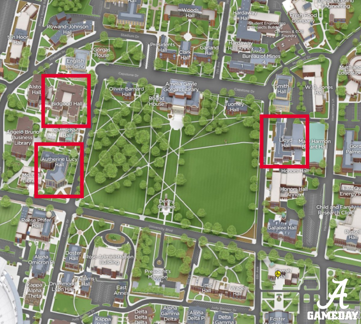 uagameday's tweet photo. 🚨 SEVERE WEATHER ALERT 🚨

Due to lightning in the area, fans are advised to take shelter in Bidgood, Lloyd or Autherine Lucy Hall. Find your nearest location on the map 🗺️

Stay tuned for more updates! #BamaGameday https://t.co/5Vb78DRbAf