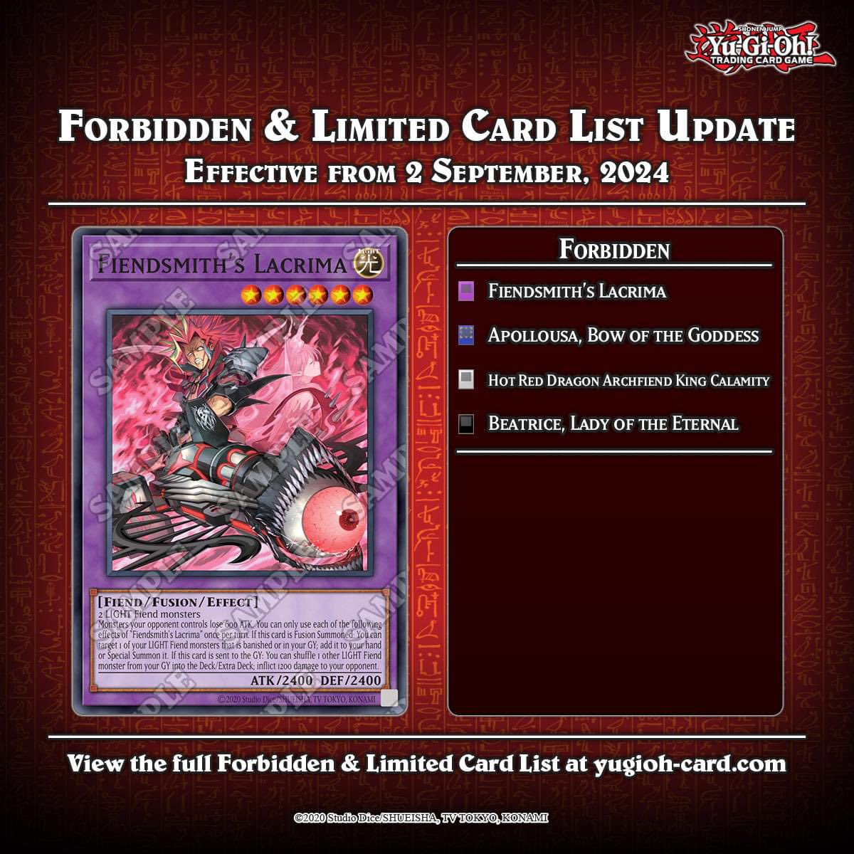 OpsYuGiOh's tweet photo. Chers Duellistes,

La Liste des Cartes Interdites et Limitées a été mise à jour, effective dès le 02/09/2024 ! https://t.co/NnHwCeDP8v