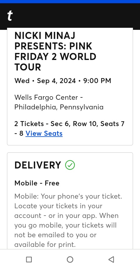 joshmarked's tweet photo. I'm Selling 2x Nicki Minaj Ticket: Pink Friday 2 World Tour 

Wed, Sep 4 2024, 9:00pm 
Wells Fargo Center 
Philadelphia, Pennsylvania 

Sec 6, Row 10, Seats 7 - 8

Message me if you're interested 

@NICKIMINAJ
#PinkFriday2WorldTour 
#PF2WTPhiladelphia
#PinkFriday2Tickets https://t.co/cimlsAy0Pr