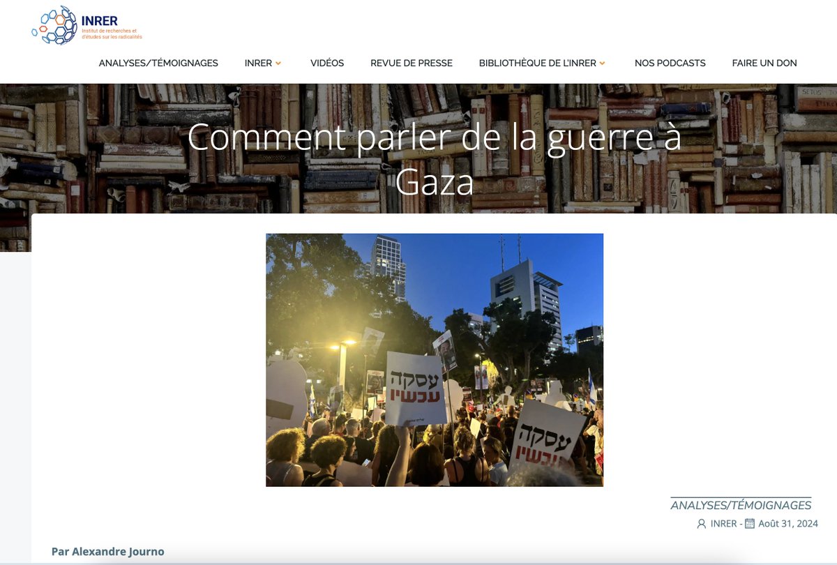 Comment parler de la guerre à #Gaza ? Une réflexion sans faux-semblants d'Alexandre Journo <a href="/BursteinVK/">Alexandre Journo</a>, dont les écrits alimentent de vraies discussions.
inrer.org/2024/08/commen…