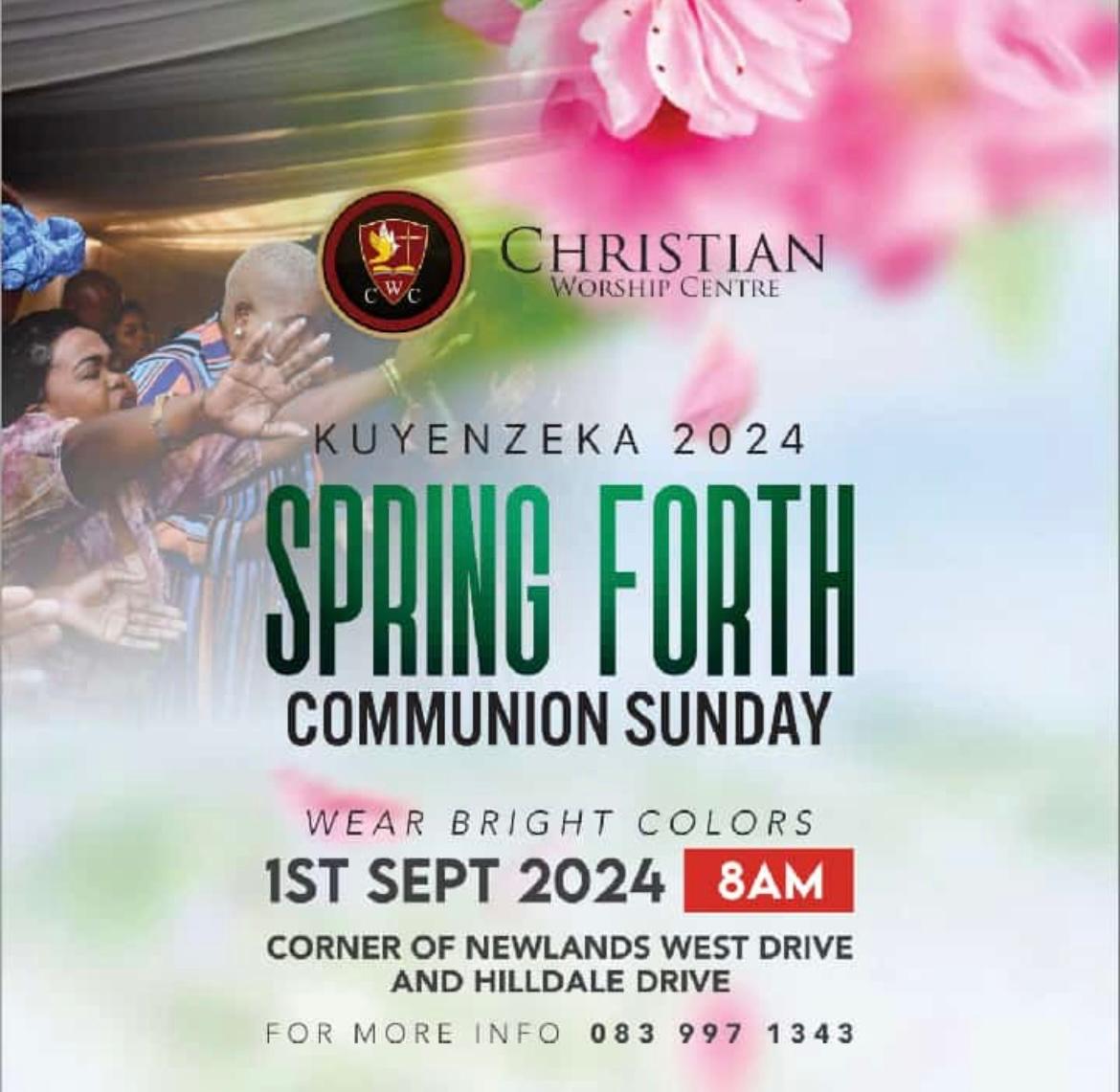 CWCKZNTV's tweet image. Join us as we enter the Spring season Tomorrow morning for our Spring Forth Communion Service, The theme is Bright Colors, see you at 08:00am
#Springforth
#cwckzn
#Kuyenzeka