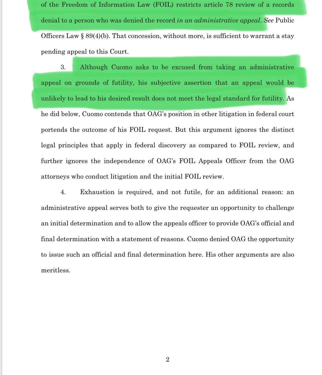 CuomoFriend's tweet photo. Cuomo vs: NY OAG and Leticia James: 8/30/24 NY OAG/James continue to argue that Cuomo never went through an administrative appeal process and FOIL restricts an article 78 review of a records denial.  They request the Court to stay all Article 78 proceedings until appeal is done. https://t.co/6cRnFoDr55