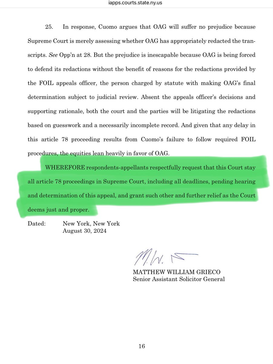 CuomoFriend's tweet photo. Cuomo vs: NY OAG and Leticia James: 8/30/24 NY OAG/James continue to argue that Cuomo never went through an administrative appeal process and FOIL restricts an article 78 review of a records denial.  They request the Court to stay all Article 78 proceedings until appeal is done. https://t.co/6cRnFoDr55